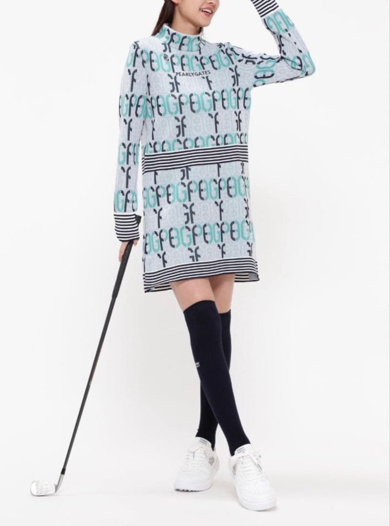 （新品）パーリーゲイツ、アモッサロゴ クサリ柄、ニットワンピース、サイズ0