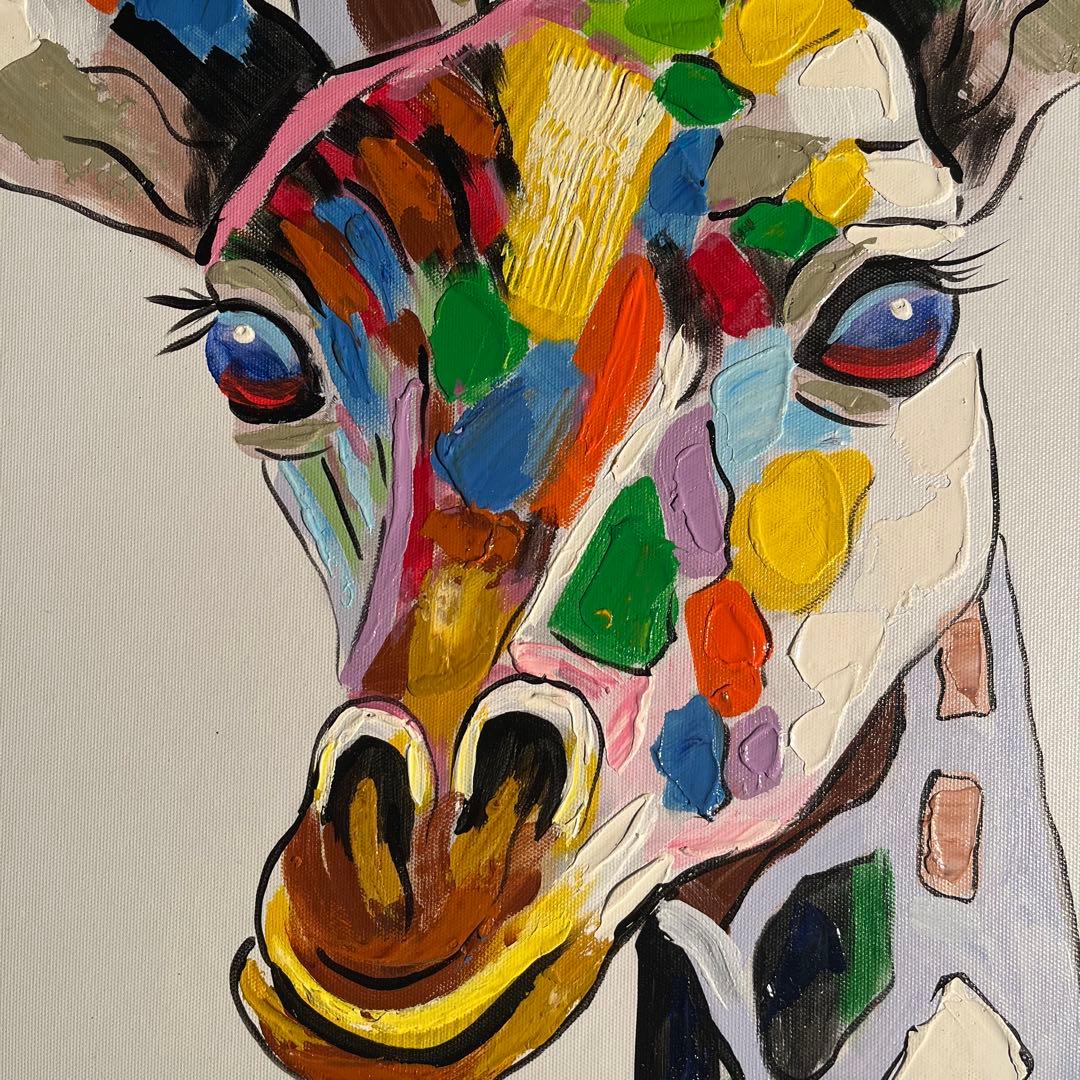 手書き油絵 七色キリン 額付 肉筆絵画 インテリア 油彩画