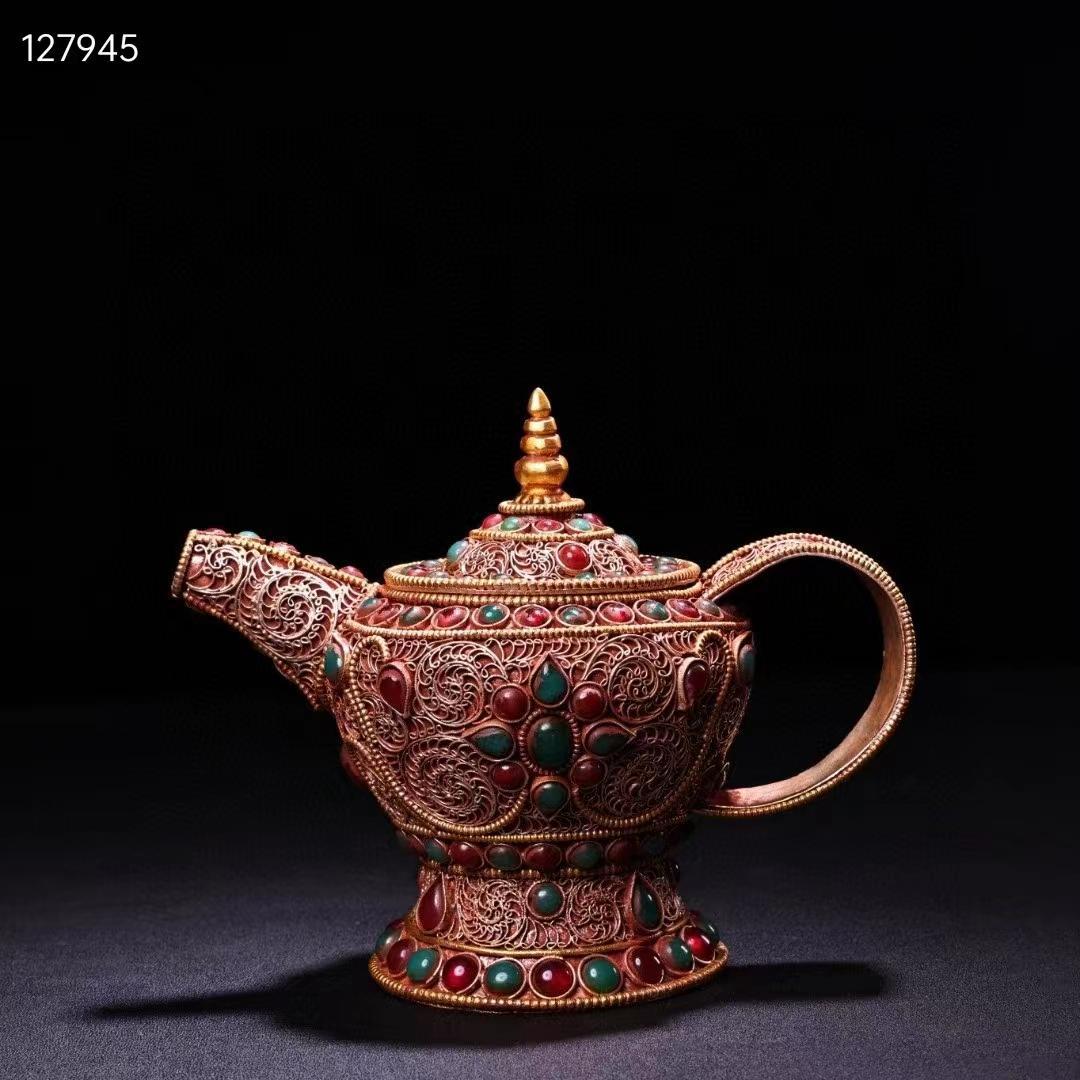 中国古美術・旧蔵收・純手作り・花糸古銅彫塗金宝石嵌酒壺・文房置物・純銅製・酒具