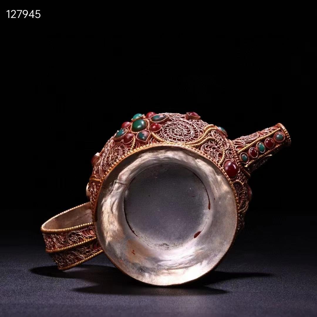 中国古美術・旧蔵收・純手作り・花糸古銅彫塗金宝石嵌酒壺・文房置物・純銅製・酒具