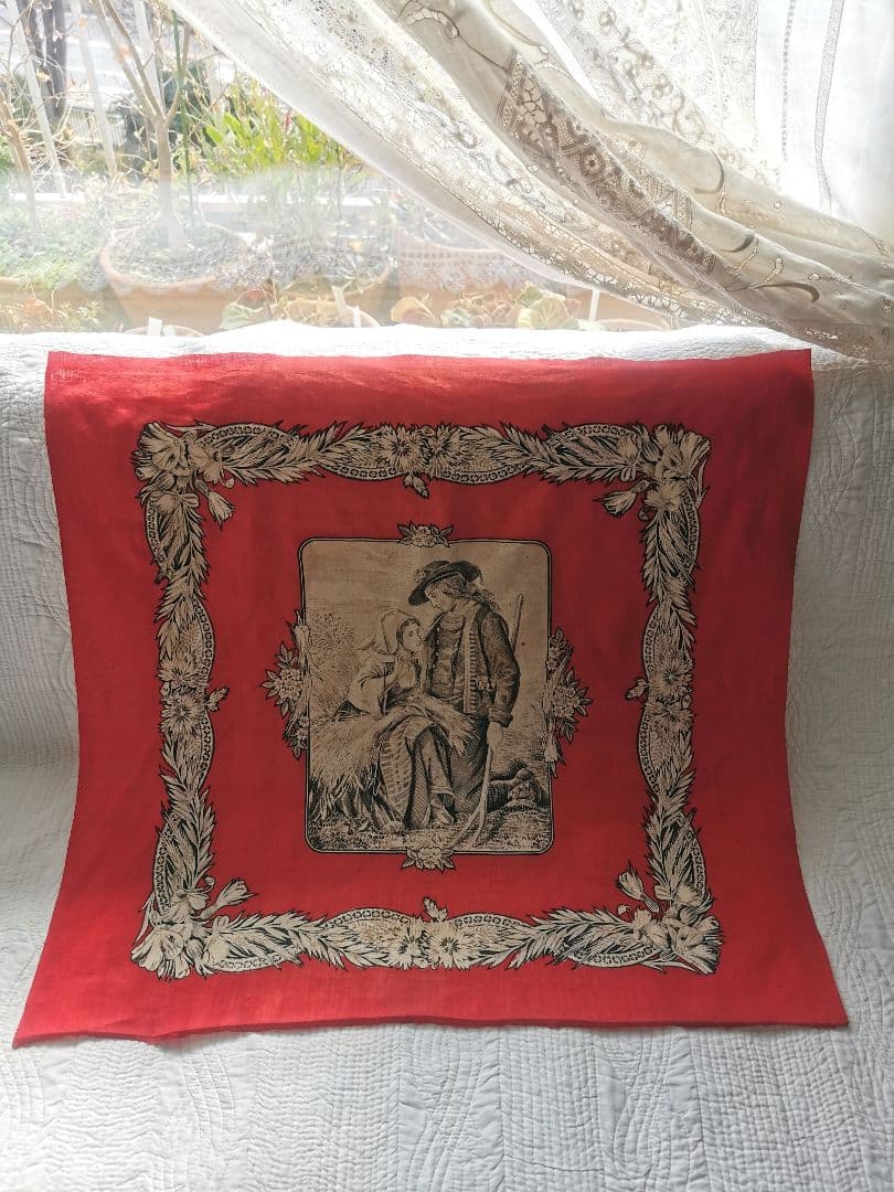 アンティークフランス トワルドジュイクロス 農村のカップル 繕う女性 田園風景