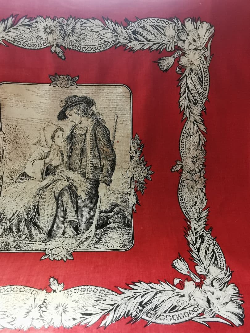 アンティークフランス トワルドジュイクロス 農村のカップル 繕う女性 田園風景