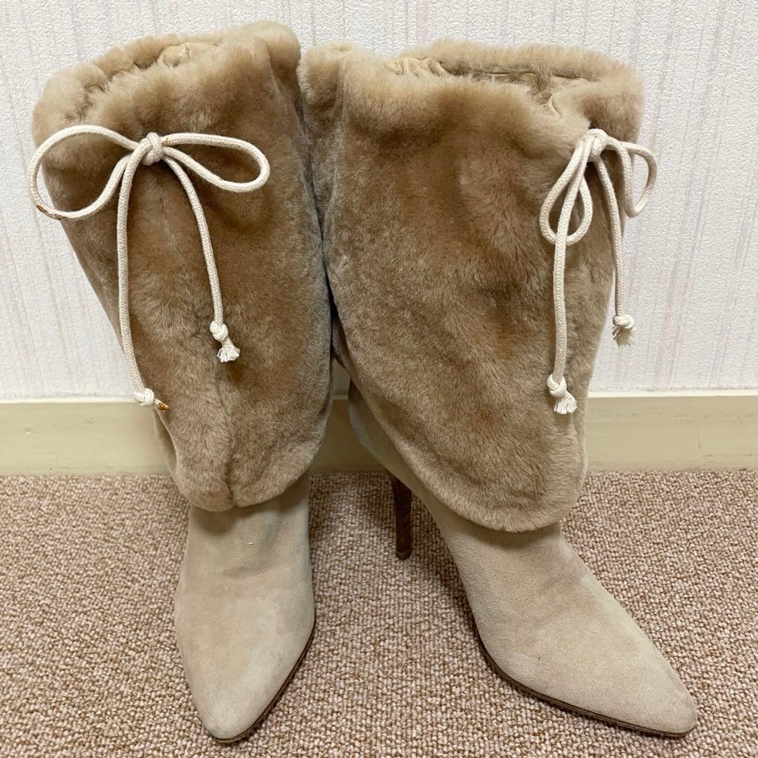 レア　ヘルムートラング　ボア　レザー　スエード　ショートブーツ　ピンヒール