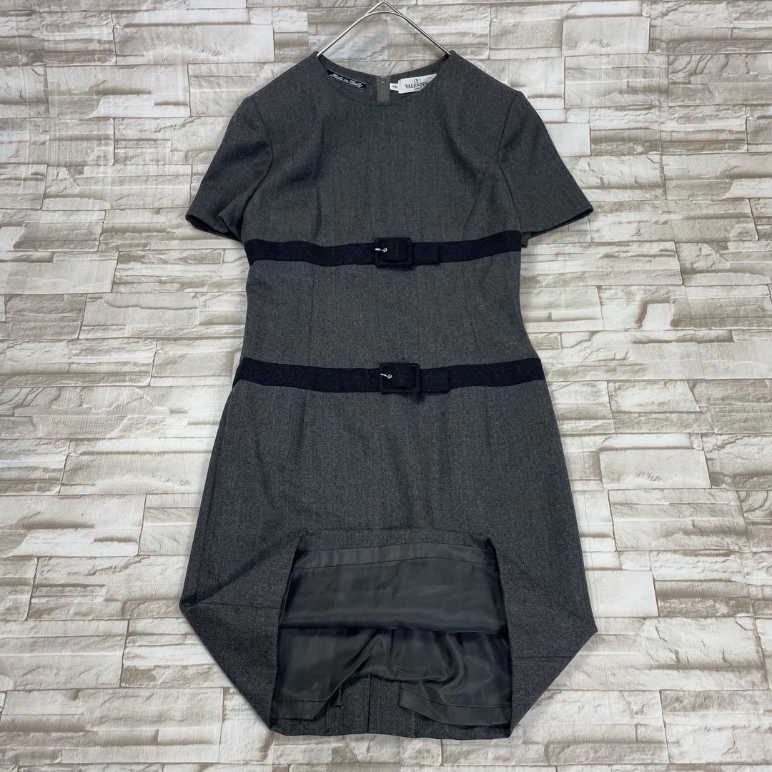 【美品】ヴァレンティノ★ワンピース　ベルト　ウール　グレー　ヴィンテージ