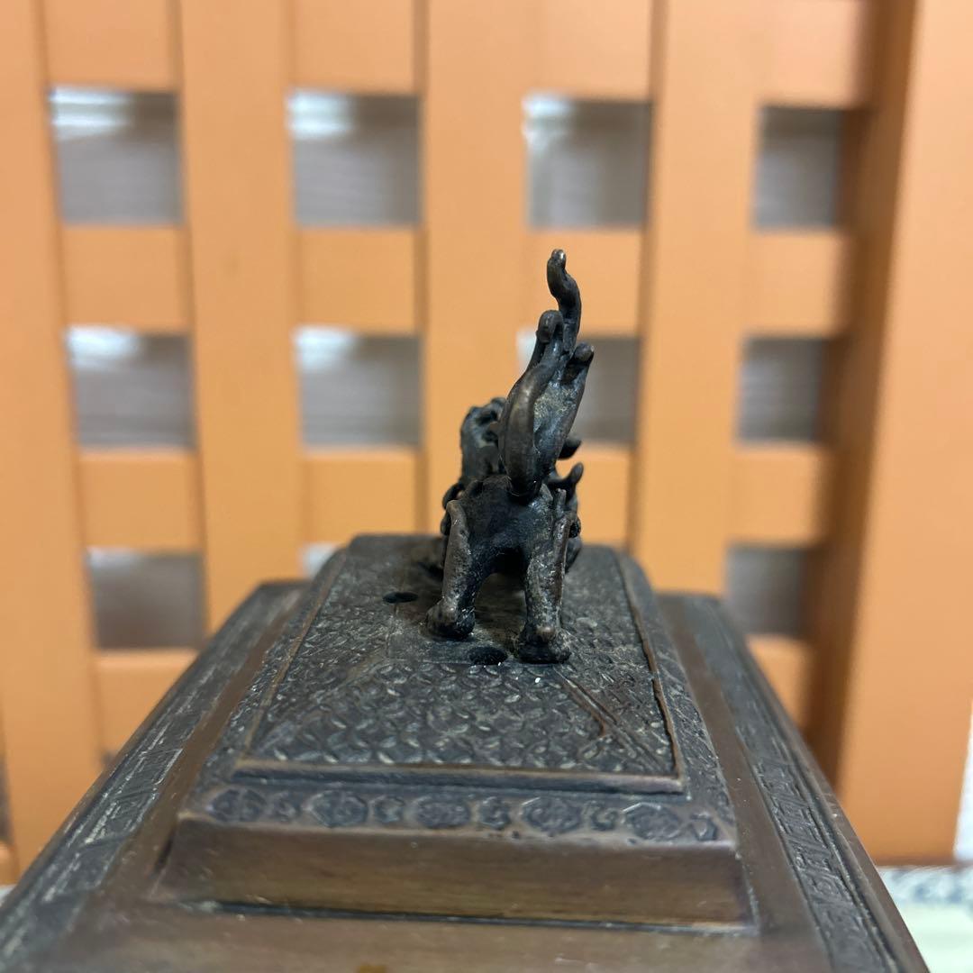 高岡銅器　米田陵山作　鋳銅　獅子摘　四方香炉