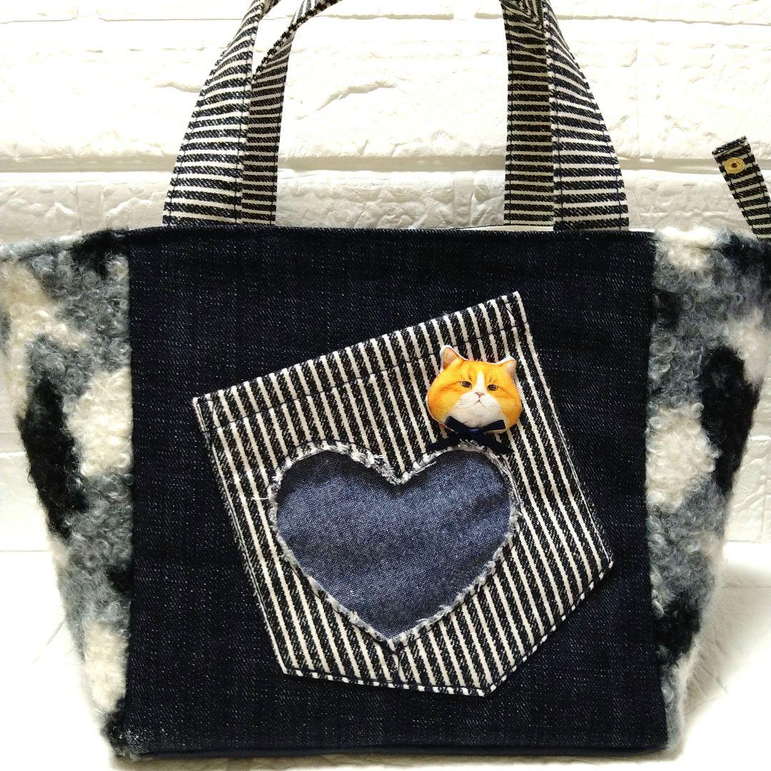 お*ん様 コヤンイサムチョン☆スクエアトートバッグ　デニム＆もこもこボア　ふてに