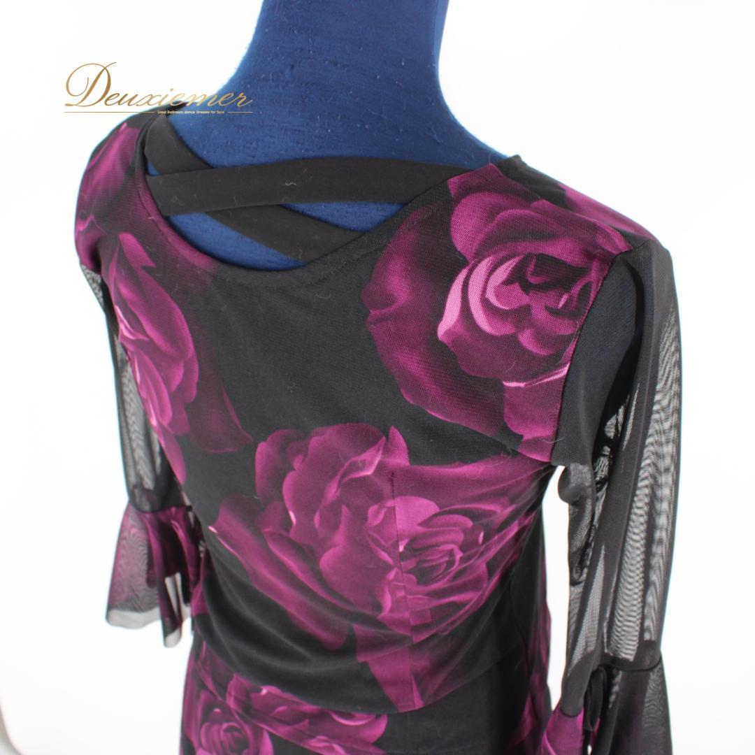 【美品 社交ダンス衣装】上下セット トップス スカート 黒 紫 ブラック 花柄