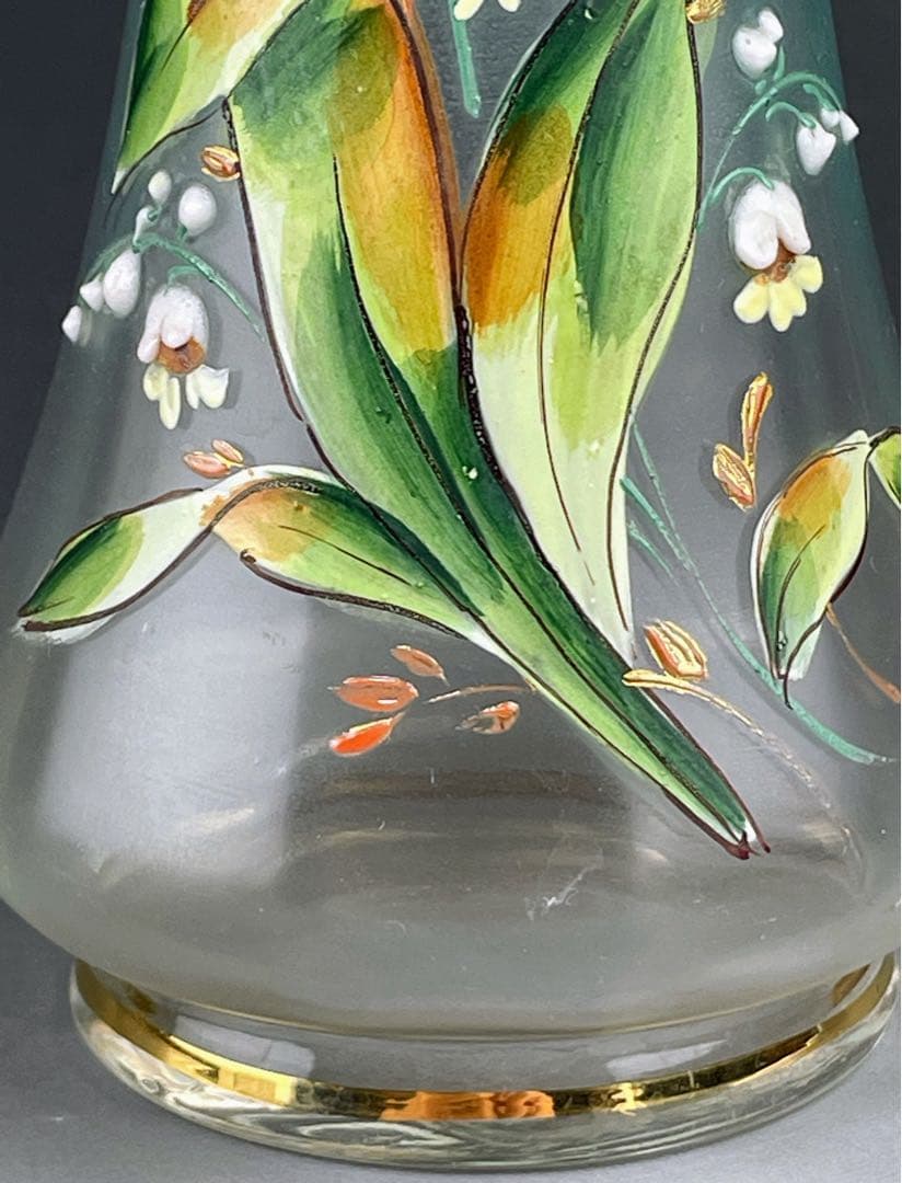 【希少】ボヘミアグラス ２２．５㎝ エナメル盛 スズラン紋 花瓶 一輪挿し