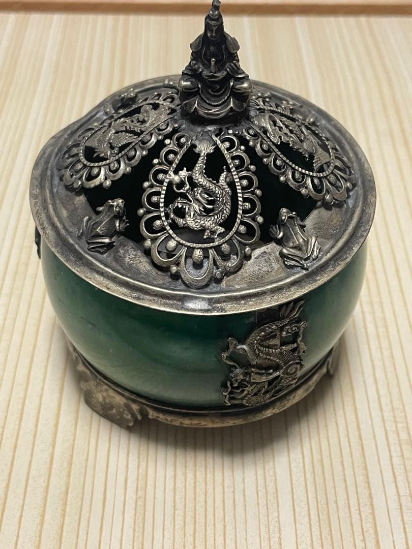 アンティーク 中国 足銀刻印 銀装飾 香炉 翡翠色 古美術 重量約228g