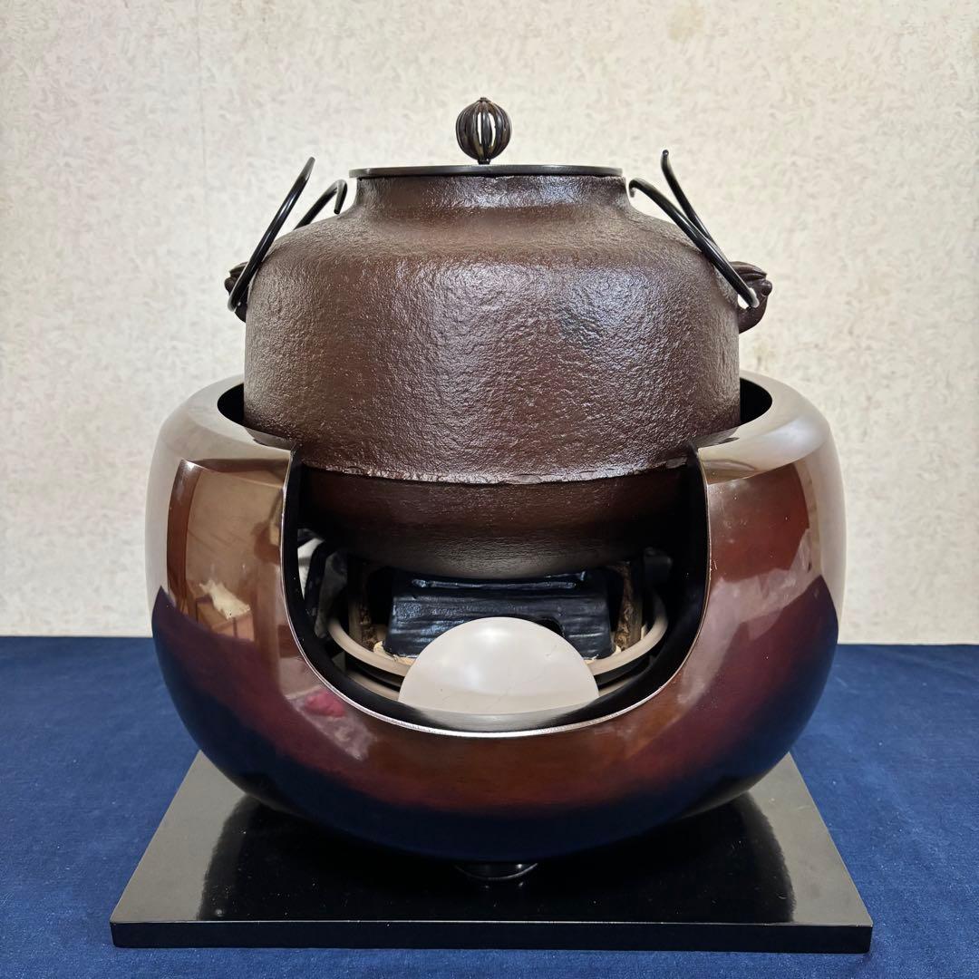 人間国宝 風炉 茶釜 電熱器 唐銅面取風炉 阿弥陀 野々田電熱器 敷板 茶道具