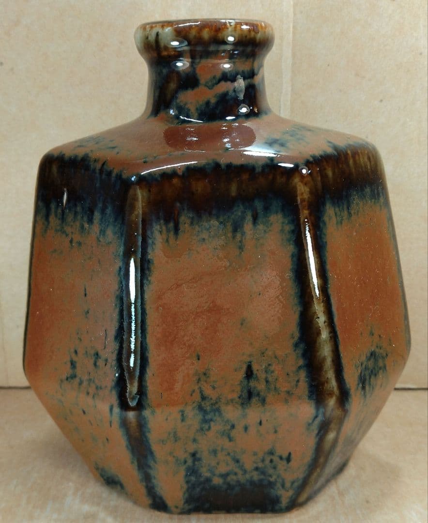 ポコ！河井寛次郎 柿釉六角扁壷 河井敏孝識箱 美品 民藝の巨匠