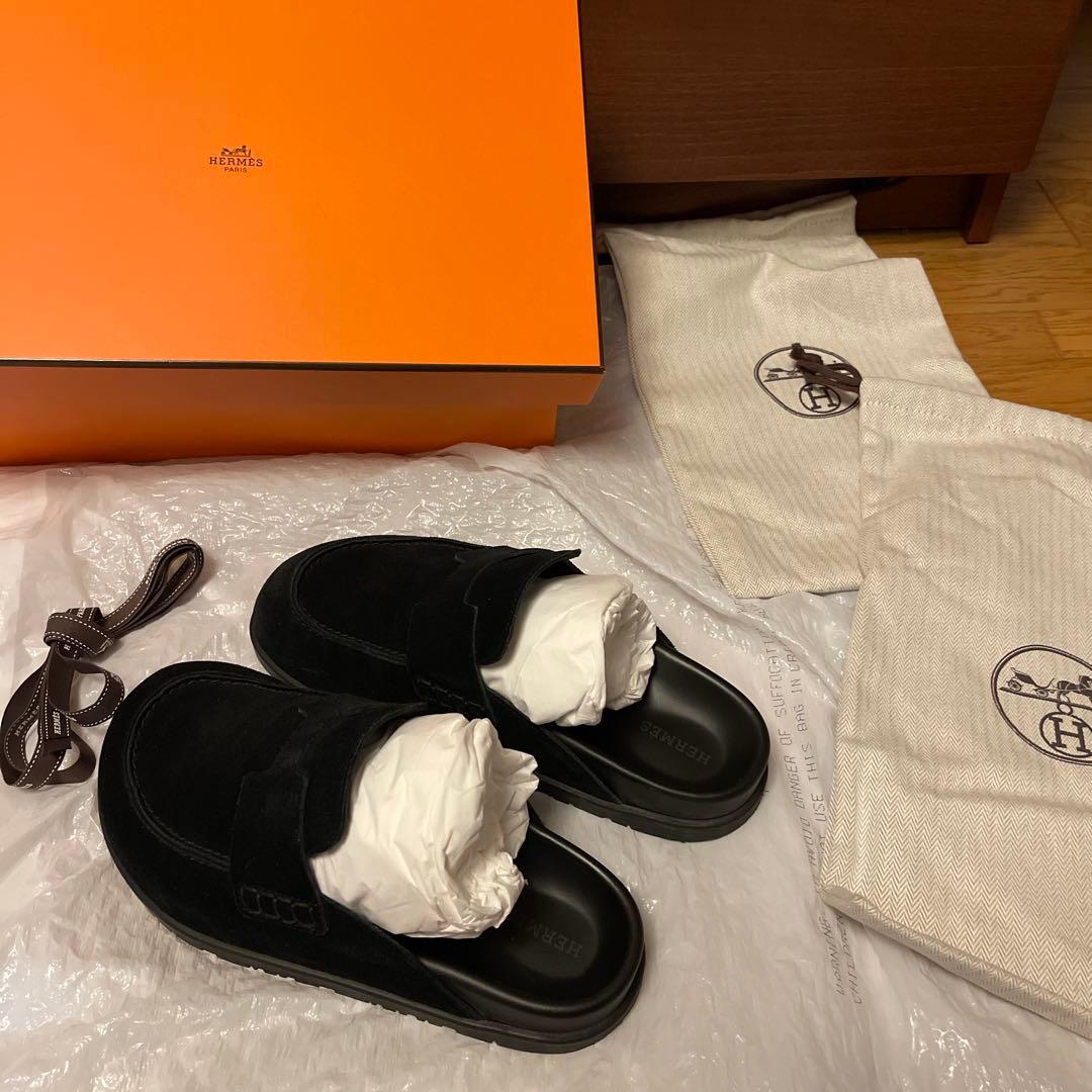 HERMES ☆美品☆ ブラック スエード ミュール スリッポン ゴー