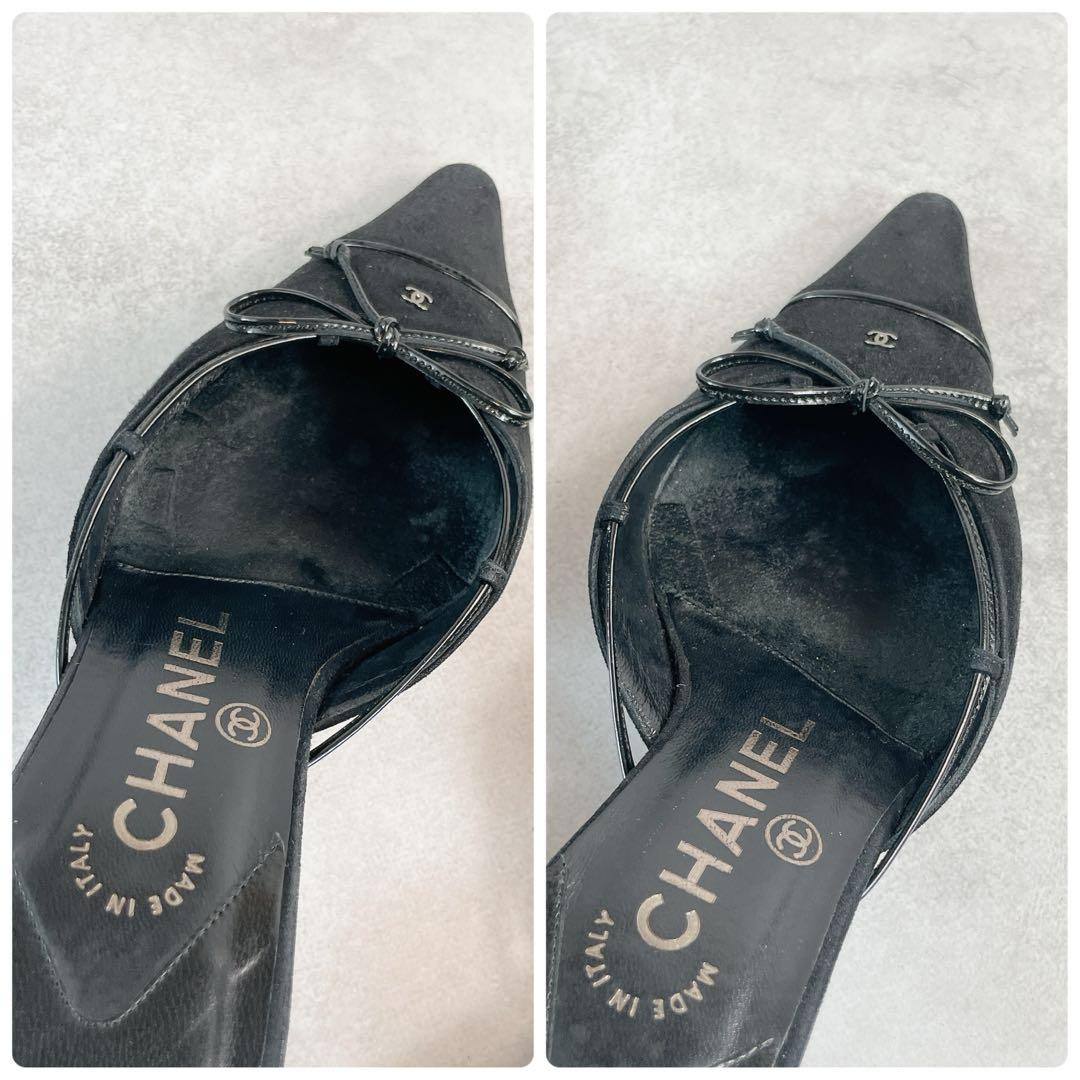 靴 Vintage Chanel Black suede bow mules