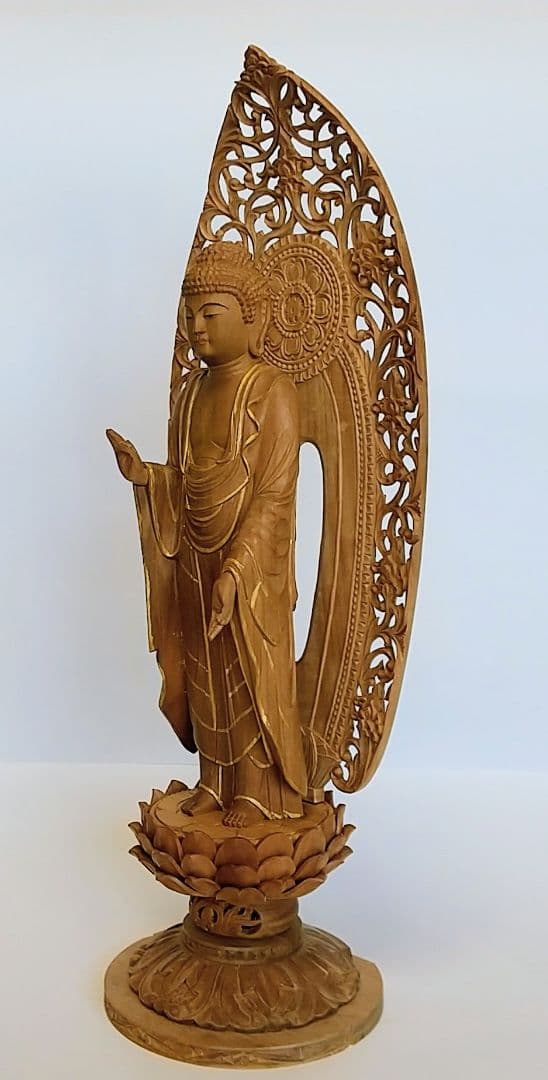 阿弥陀如来立像 5寸 #661 円台座 宝相華唐草 透彫り◆白檀 木彫 仏像
