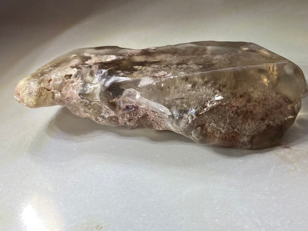 T1034ピンクホワイトガーデンクォーツ原石ルチル針瑪瑙共生ラダー虹入りジオード