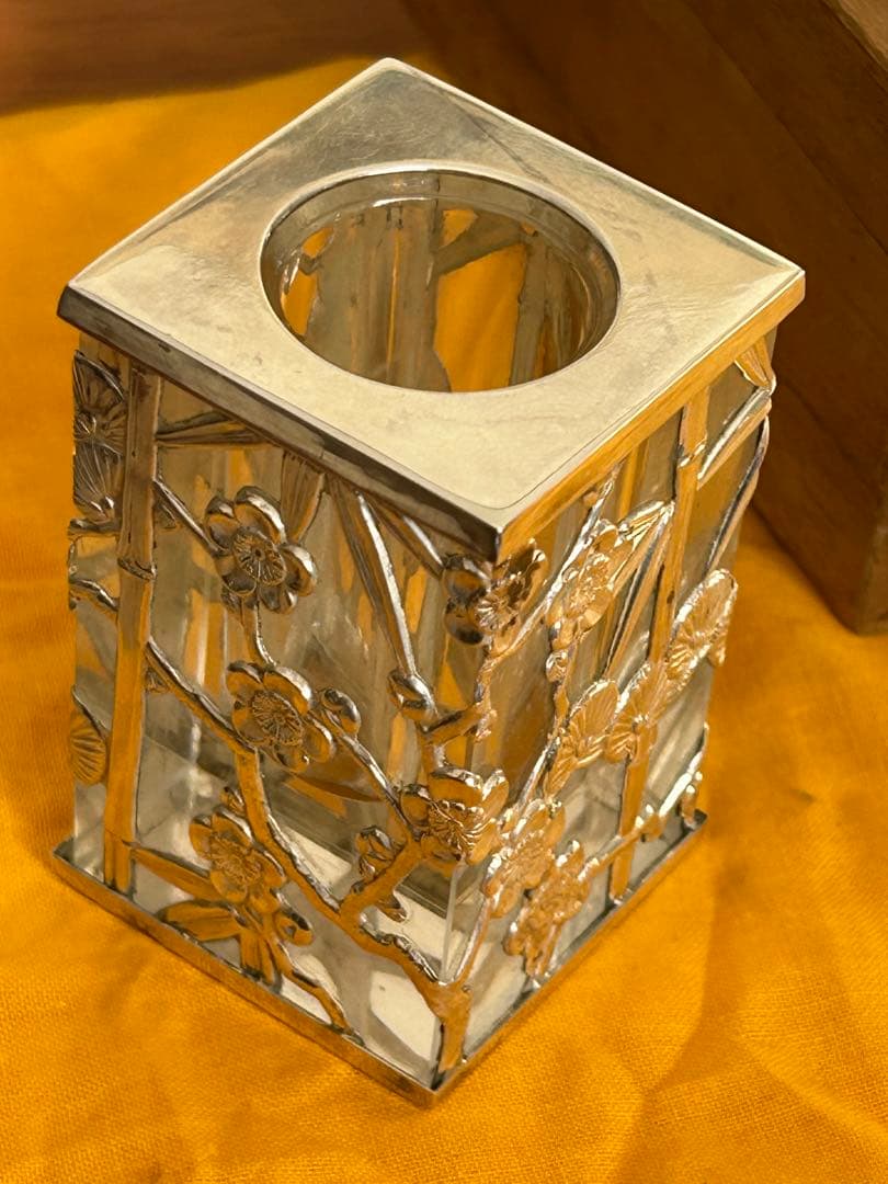 時代 昭和レトロ 銀製 極上細工硝子 松竹梅楊枝入れ 箱付き在銘175g