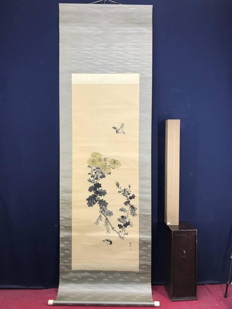 【真作】村田玉田/菊花双雀図/花鳥図/菊に雀図/掛軸/名家伝来/AD-199