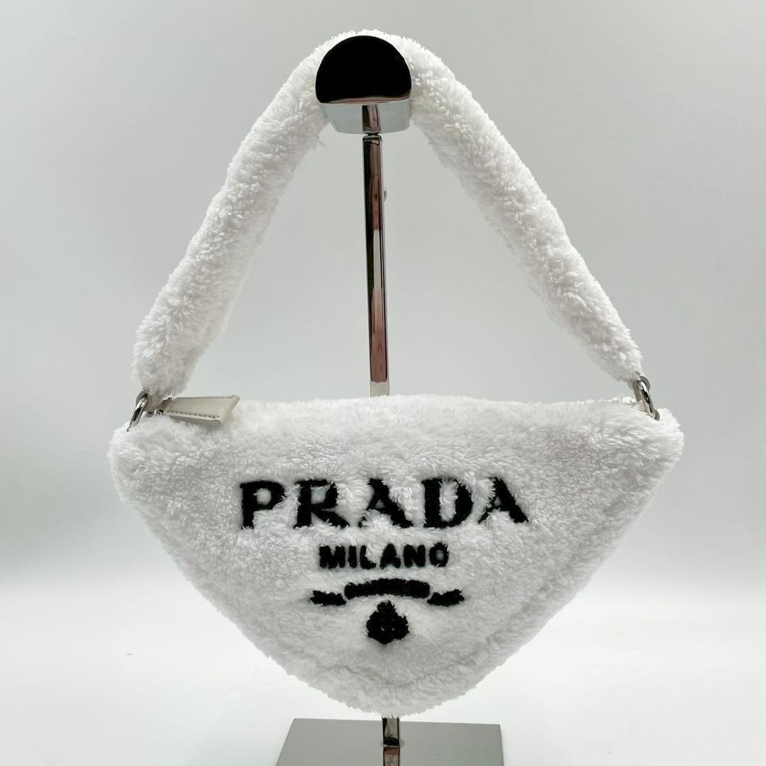 美品　プラダ　テリークロス　ハンドバッグ　ミニバッグ　トライアングル　ホワイト