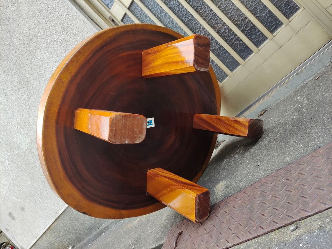 無垢材の自然形状座卓　花台　盆栽台　一枚板　輪切り　脚付き　時代テーブル　日本製