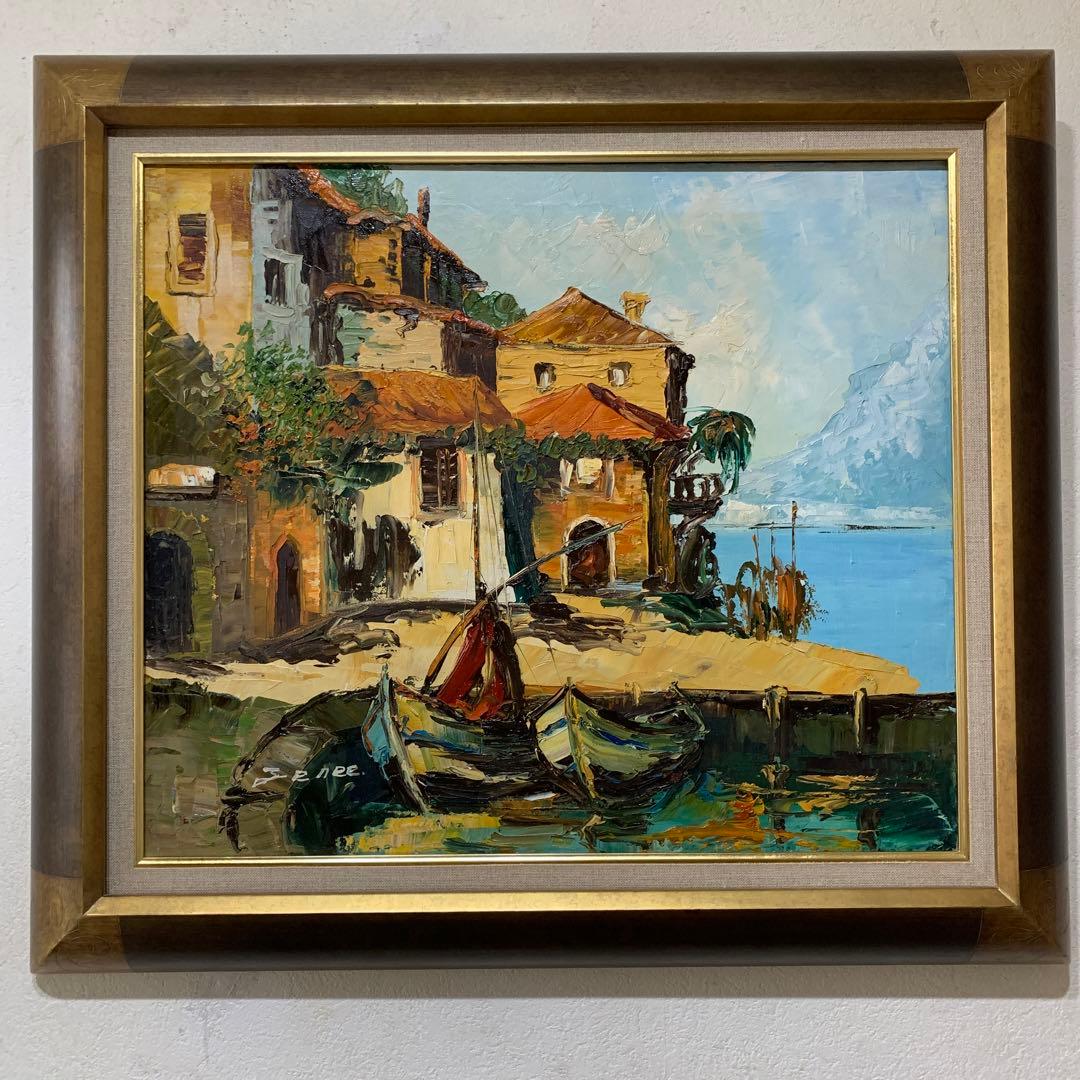 絵画　油彩肉筆画　海外作家『イタリア港風景』F10 高級額装