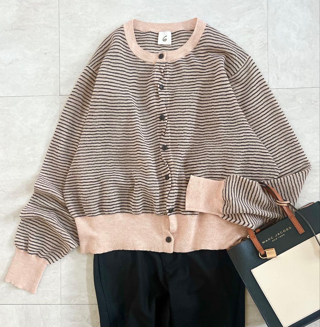 6(ROKU)シアー ボーダー カーディガン ピンク 洗える 羽織 2024