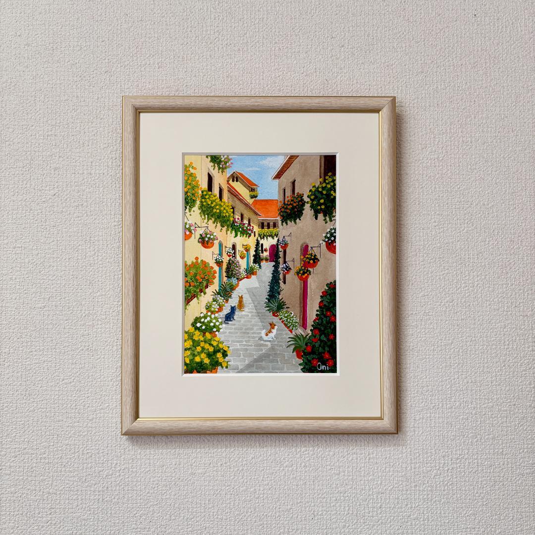 アクリル画　原画　「花の咲く路地11」額縁付　SMサイズ　風景画