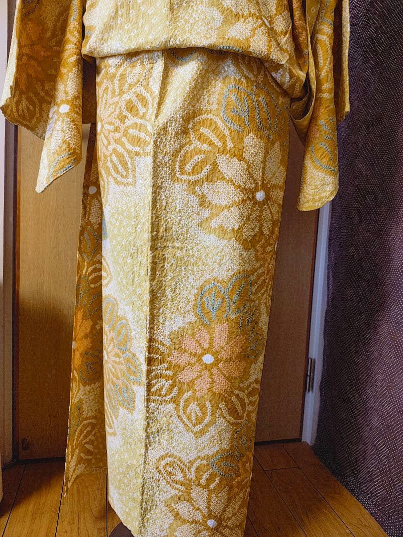 総絞り 花柄 浴衣 黄色系
