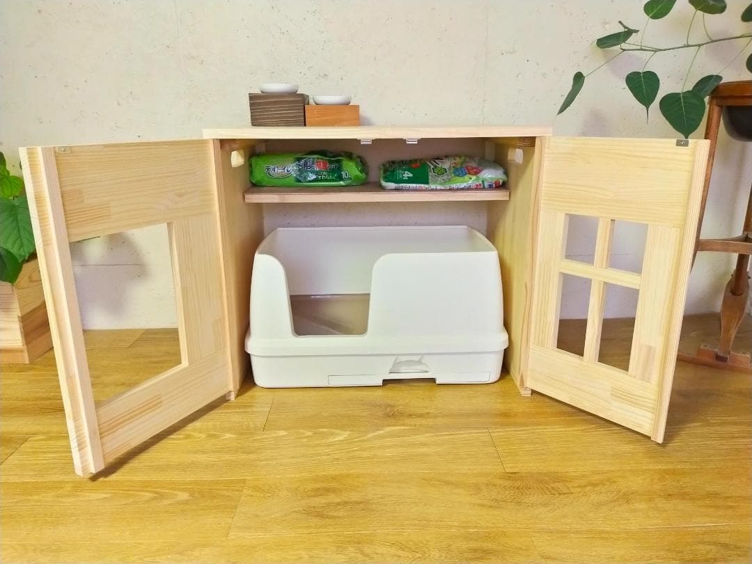 デオトイレ快適ワイドにぴったりな猫トイレカバー　ストッカー付き　(無塗装)