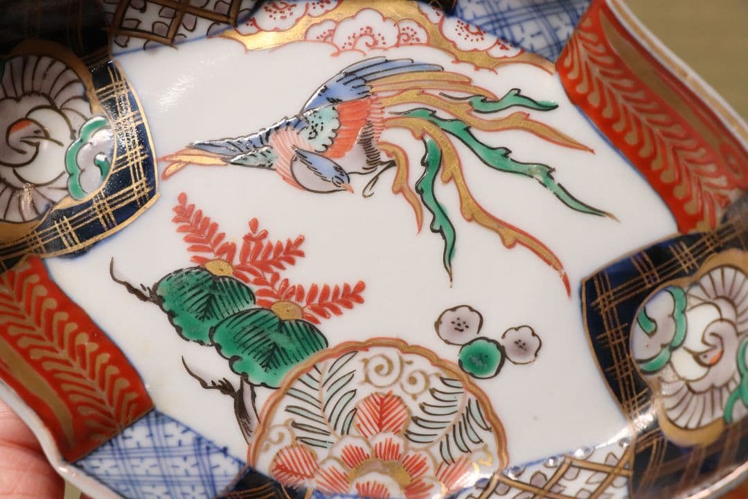 【CM53】古伊万里 桐鳳凰図 変形 刺身皿 五客 鶴 金彩 錦手 菱形 向付