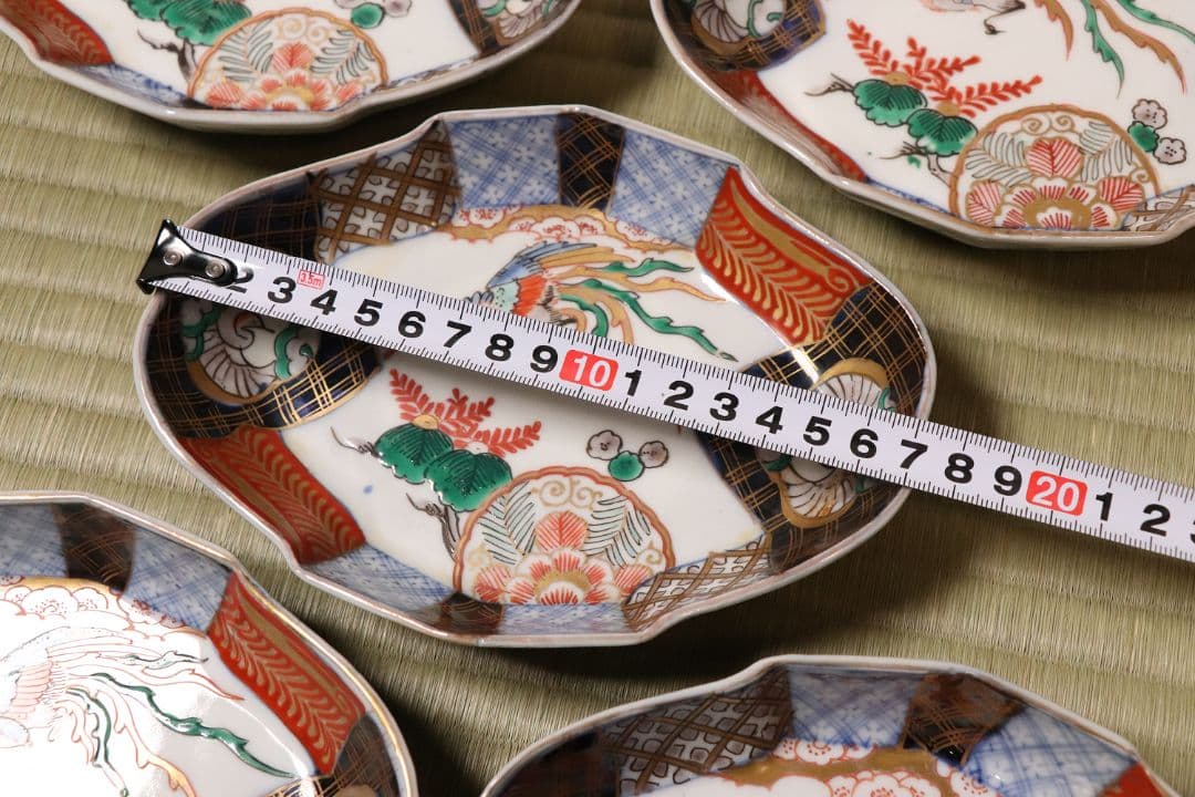 【CM53】古伊万里 桐鳳凰図 変形 刺身皿 五客 鶴 金彩 錦手 菱形 向付