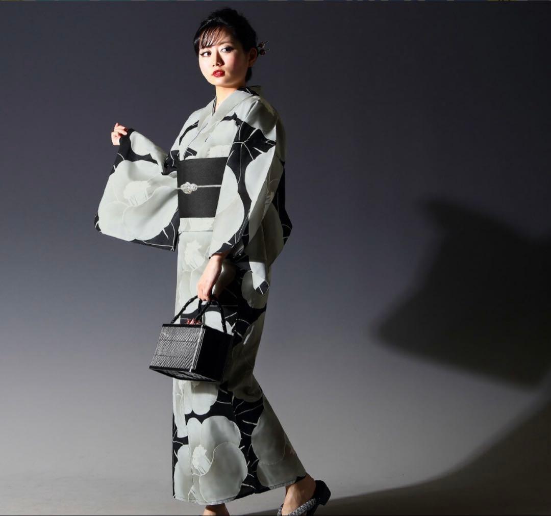 浴衣 2点セット モダン レディース 古典 椿 黒 白 生成り アイボリー