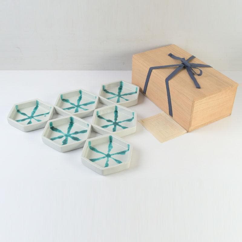 和食器　茶懐石　倶門窯　瀧田項一作　上絵六角皿揃　六客　共箱　M　9886