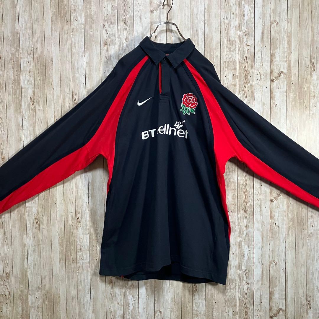 659【90s-00s】NIKE イングランド代表　ラガーシャツ　刺繍ロゴ　XL