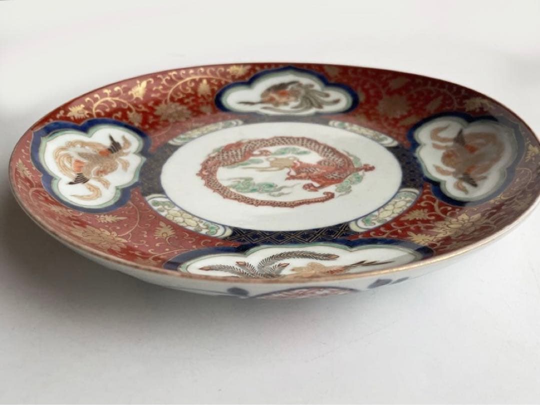 骨董　アンティーク　古伊万里　色絵　金襴手　龍宝珠鳳凰唐草文　八寸皿　丸皿