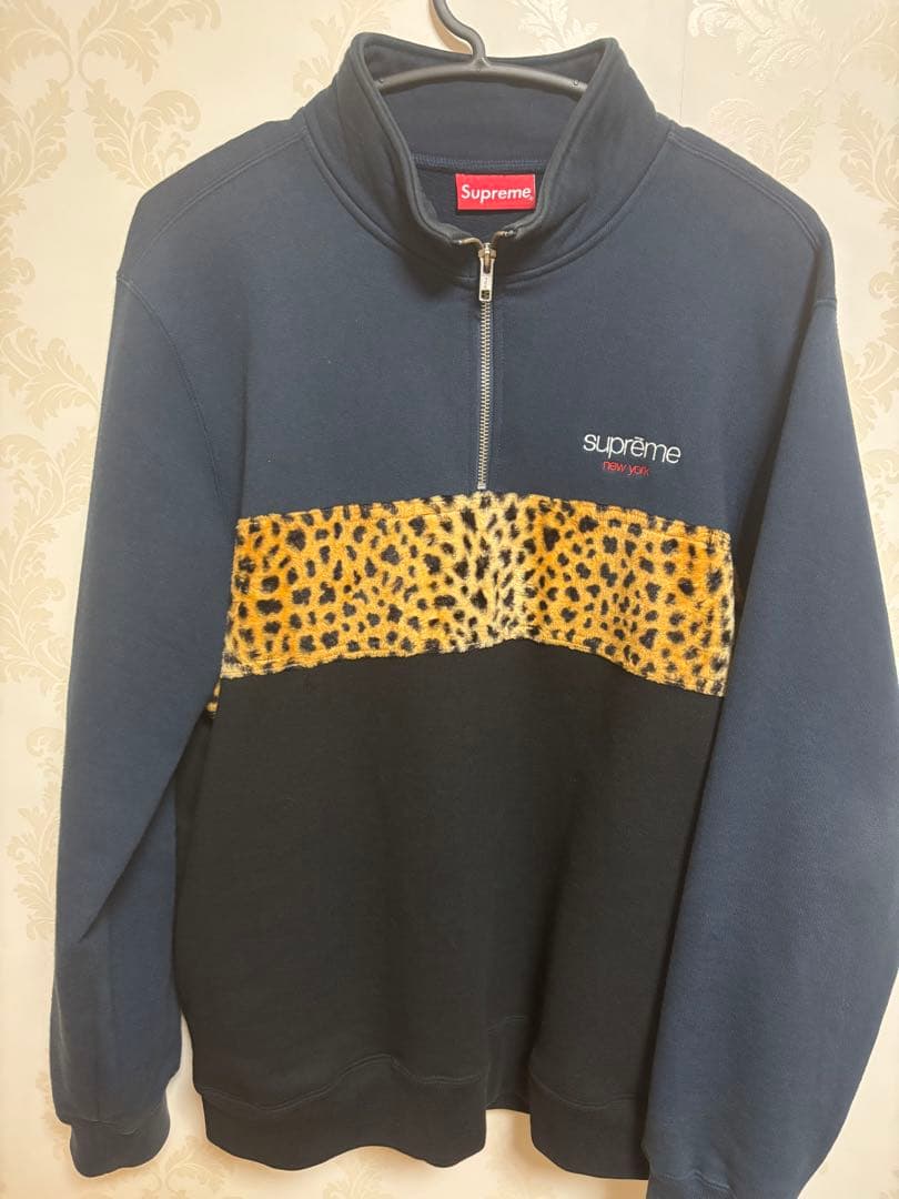 Supreme レオパード切替 ハーフジップ スウェット M ネイビー