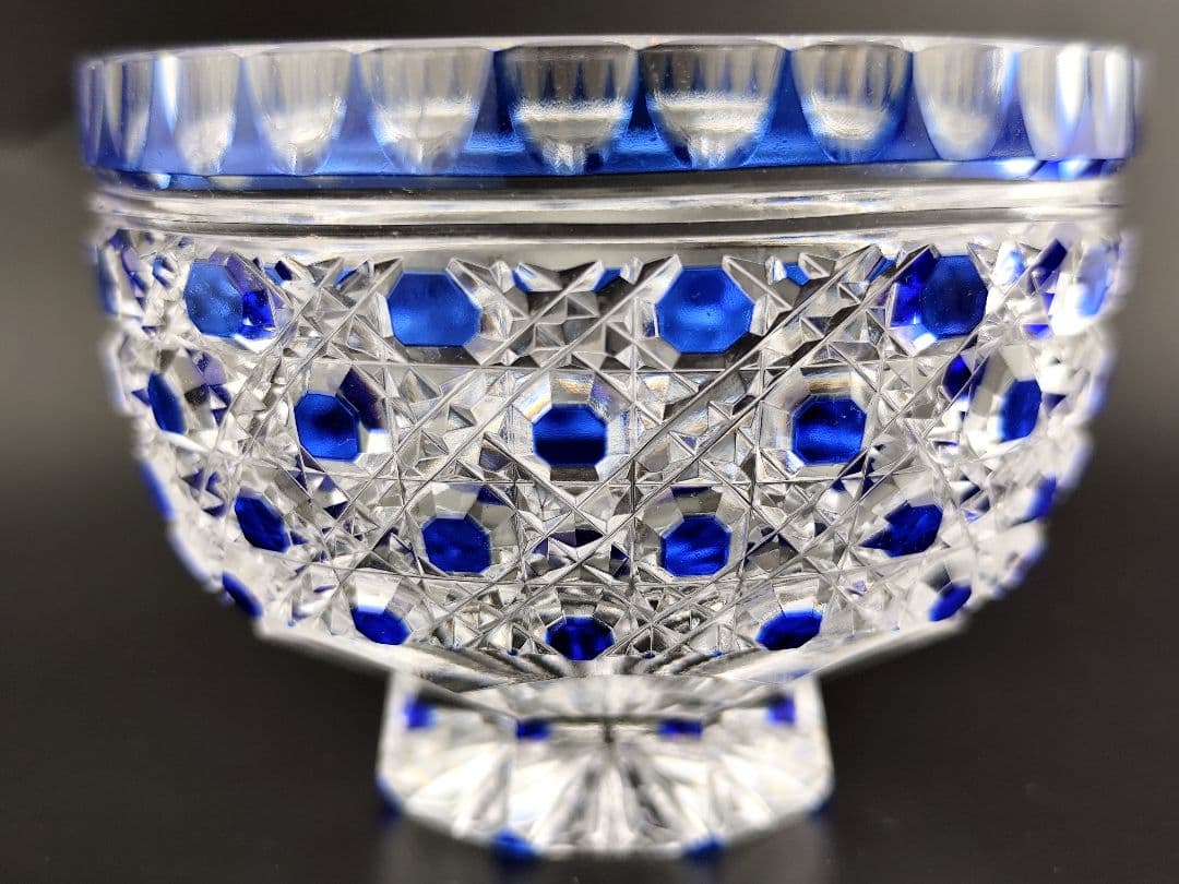 超希少品☆江戸切子 須田秀石 小鉢 瑠璃被 籠目紋（切子、江戸切子、薩摩切子）