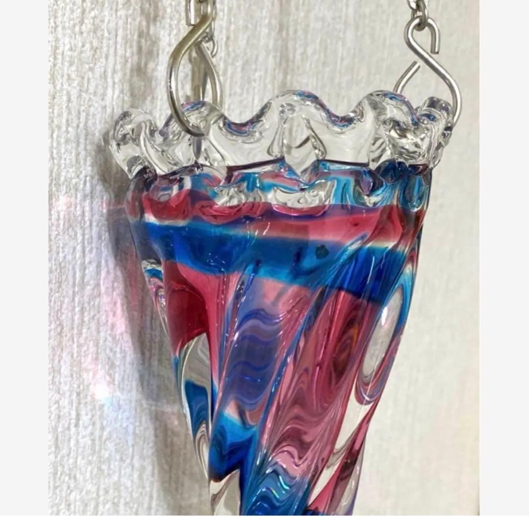 70年昭和レトロアンティーク吊り下げ花瓶ぷっくりレトロガラススパイラルランプシェ