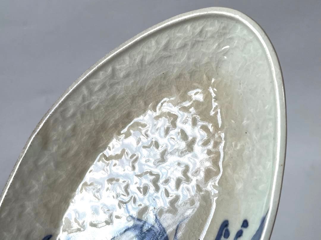 骨董　アンティーク　古伊万里　藍九谷　変形皿　染付　印刻　波に亀　向付