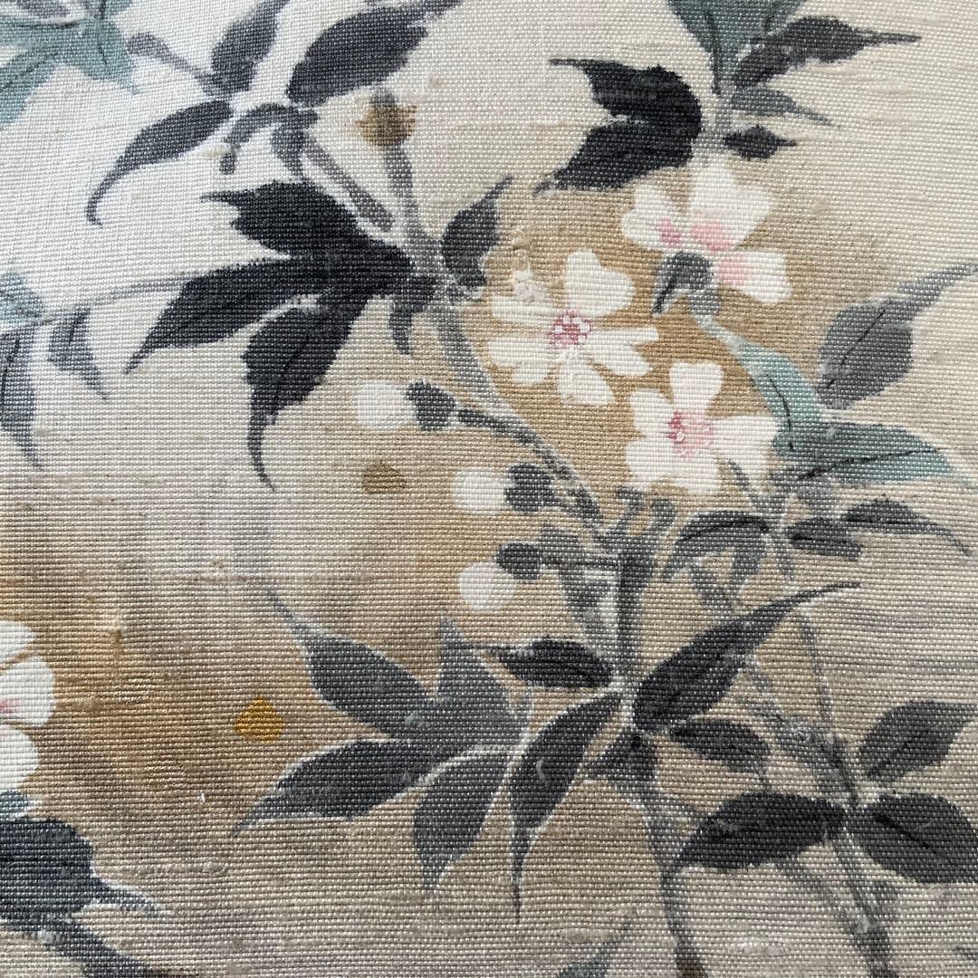 A4サイズ対応　紬帯　手描きの枝桜　リメイク　バンブーハンドルバッグ　ポーチ付き