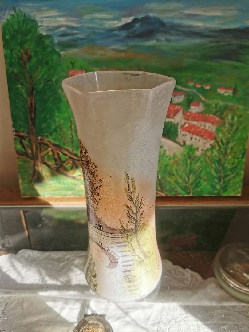 アンティーク ルグラ 橋上の母娘 ≒29㎝大型ガラス花瓶 アールヌーヴォー手描