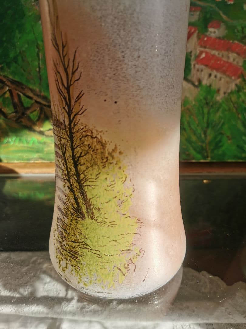 アンティーク ルグラ 橋上の母娘 ≒29㎝大型ガラス花瓶 アールヌーヴォー手描