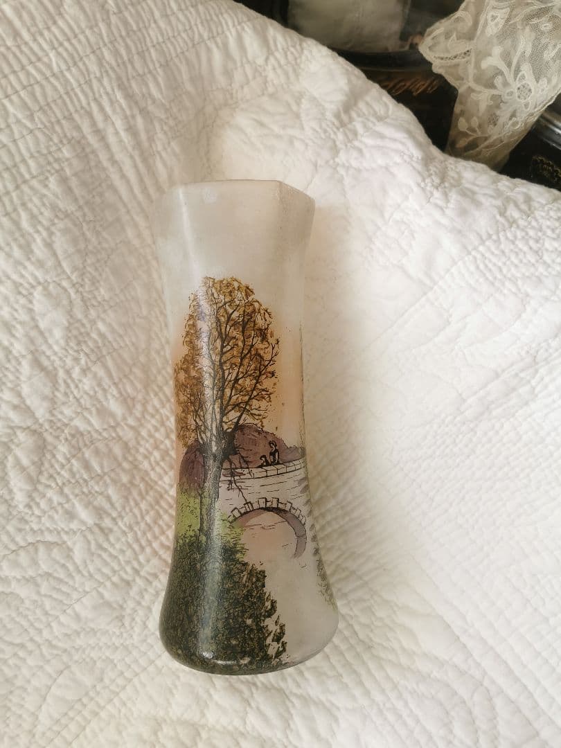 アンティーク ルグラ 橋上の母娘 ≒29㎝大型ガラス花瓶 アールヌーヴォー手描