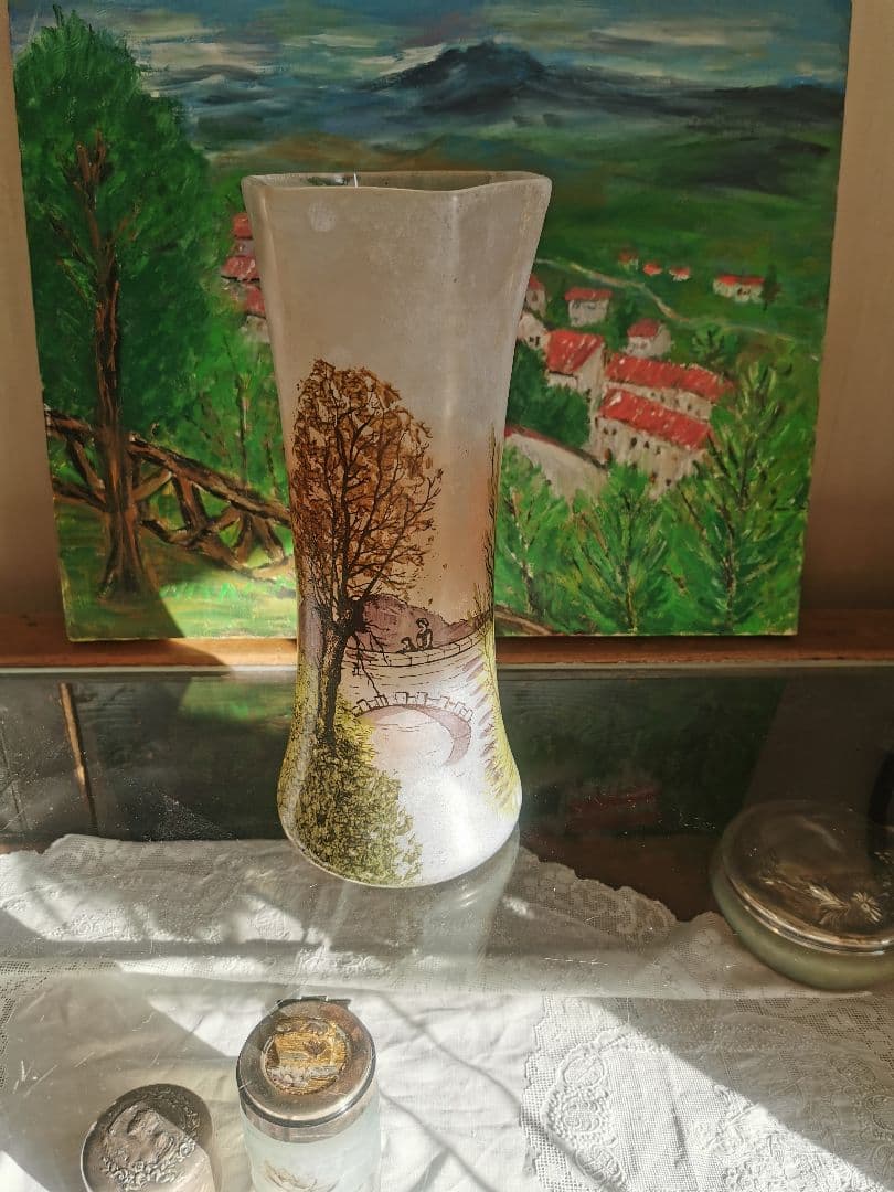 アンティーク ルグラ 橋上の母娘 ≒29㎝大型ガラス花瓶 アールヌーヴォー手描