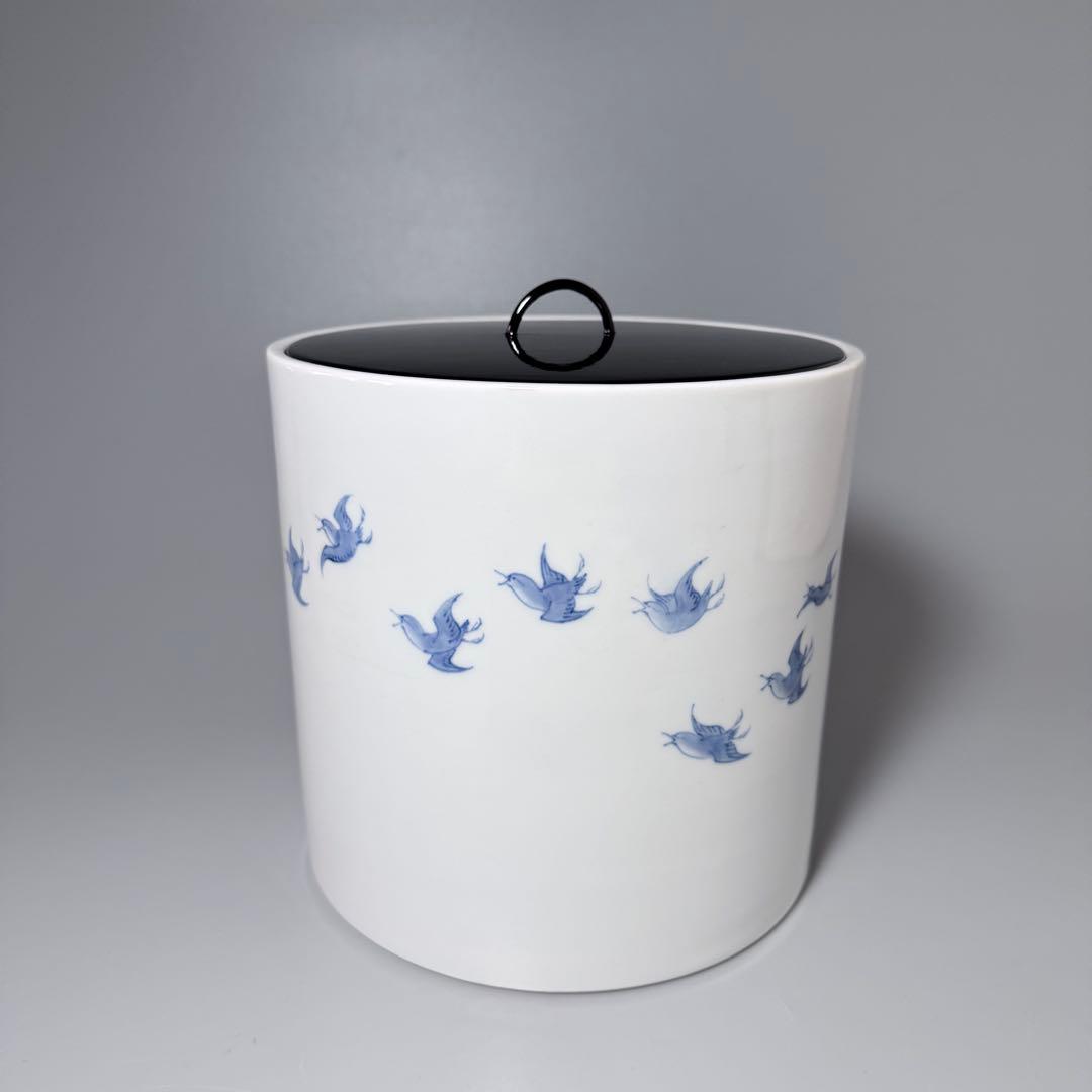 蔵*介様 明治大正期　平戸焼　染付鳥文様水指　共箱　特注蓋付　茶道具　裏千家　表