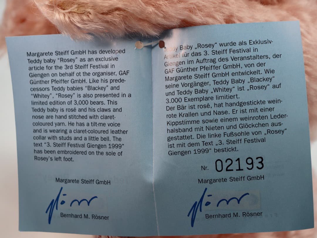 \"Rosey\" 3rd.Steiff Festival Ginden 1999年