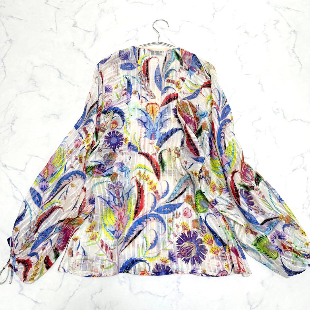 未使用級✨エトロ✨シルク　ボタニカル柄シアーブラウス（M）ビーズ　馬　お袖リボン