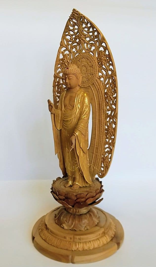 阿弥陀如来立像 5寸 #660 円台座 宝相華唐草 透彫り◆白檀 木彫 仏像