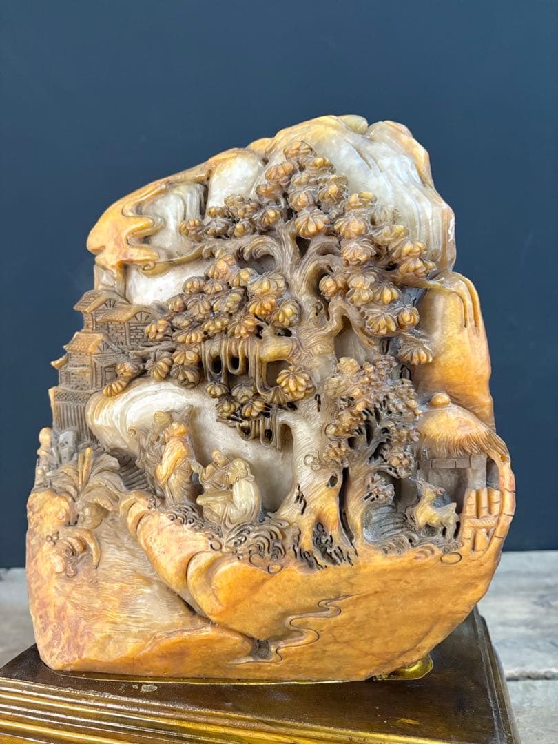 伝世蔵品　清国時代物　天然　寿山石 極細工彫刻　精緻な透かし彫りアンティーク逸品