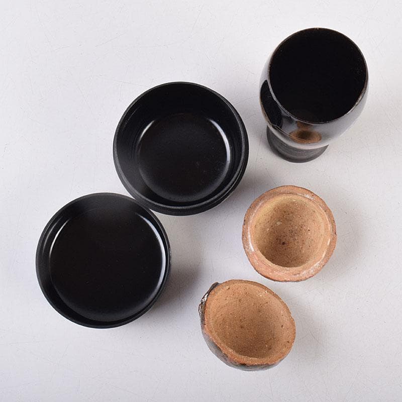 茶道具　面朱利休形茶箱　菊桐文茶碗　巾筒など　八点　一式　仕覆付　M　R9048