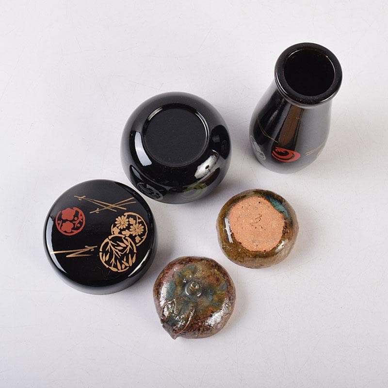 茶道具　面朱利休形茶箱　菊桐文茶碗　巾筒など　八点　一式　仕覆付　M　R9048